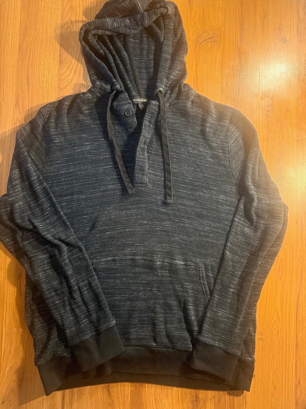 Banana Republic Men's Spacedye Knit Henley Sweater Hoodie Marled Black Gray L
